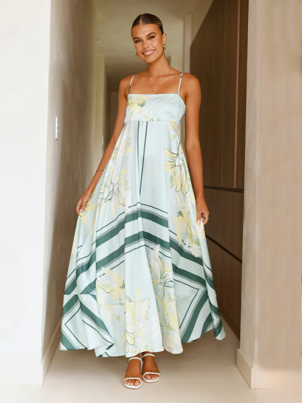 Striped print flared suspender dress-TOPS / DRESSES-[Adult]-[Female]-Pale green-S-2022 Online Blue Zone Planet