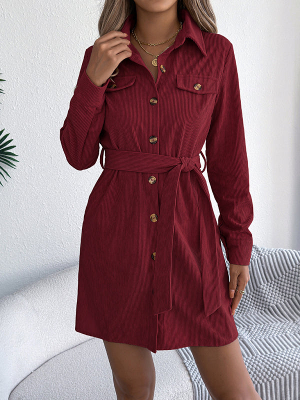 Casual solid color single-breasted long-sleeved tie corduroy shirt dress-TOPS / DRESSES-[Adult]-[Female]-2022 Online Blue Zone Planet