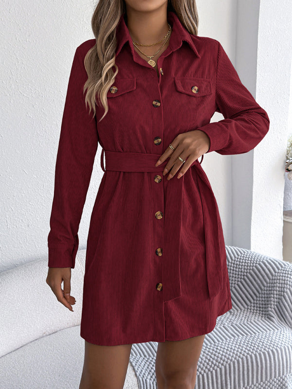 Casual solid color single-breasted long-sleeved tie corduroy shirt dress-TOPS / DRESSES-[Adult]-[Female]-2022 Online Blue Zone Planet