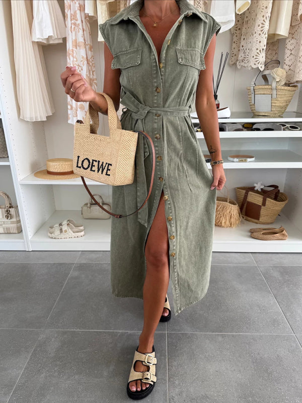 Fashion casual single breasted sleeveless denim dress-TOPS / DRESSES-[Adult]-[Female]-2022 Online Blue Zone Planet