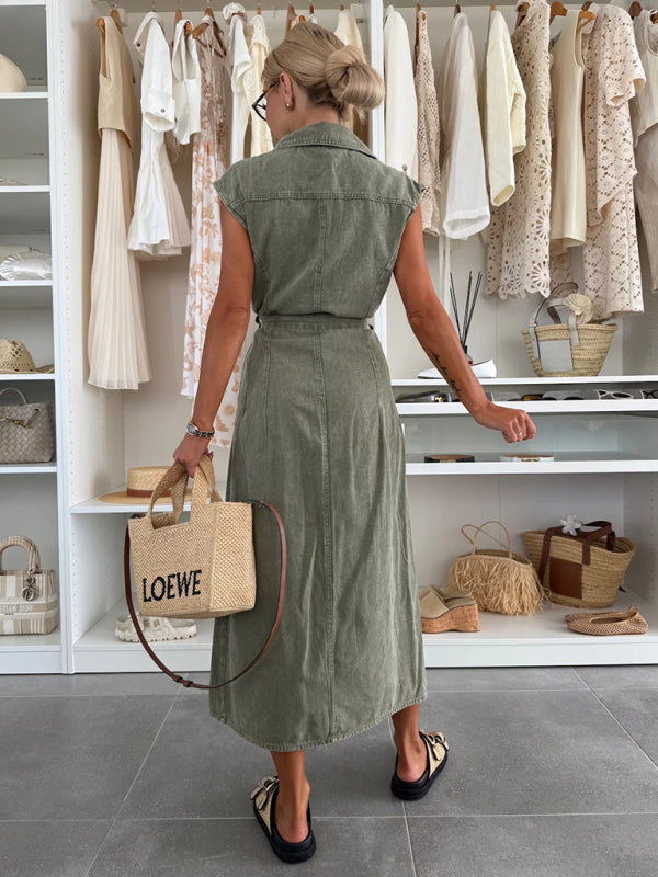 Fashion casual single breasted sleeveless denim dress-TOPS / DRESSES-[Adult]-[Female]-2022 Online Blue Zone Planet