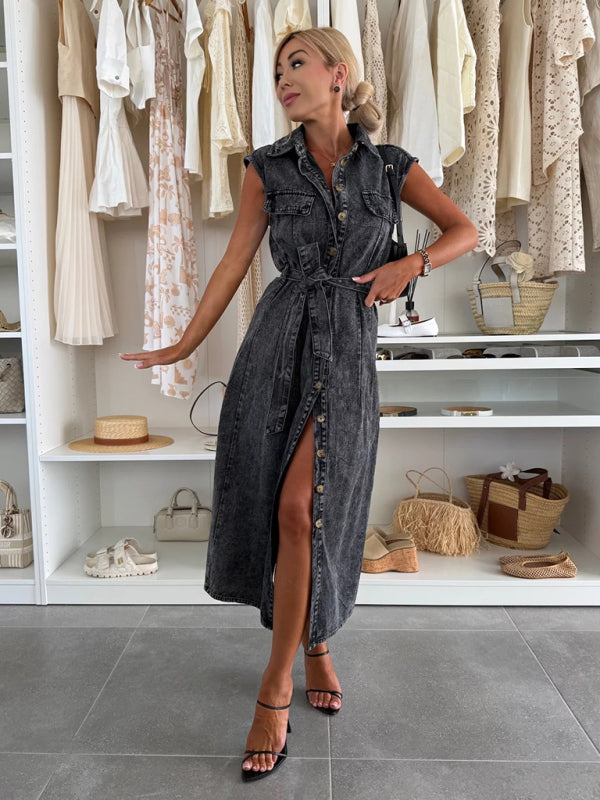 Fashion casual single breasted sleeveless denim dress-TOPS / DRESSES-[Adult]-[Female]-2022 Online Blue Zone Planet
