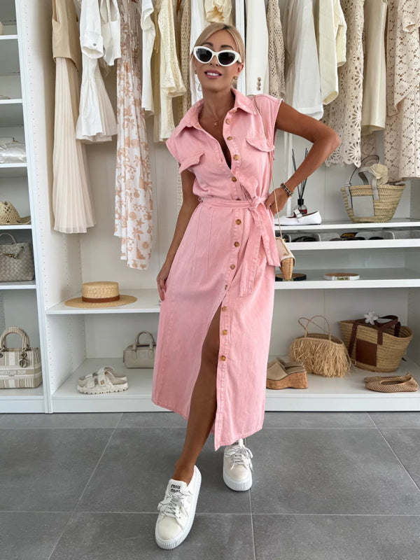 Fashion casual single breasted sleeveless denim dress-TOPS / DRESSES-[Adult]-[Female]-Pink-S-2022 Online Blue Zone Planet