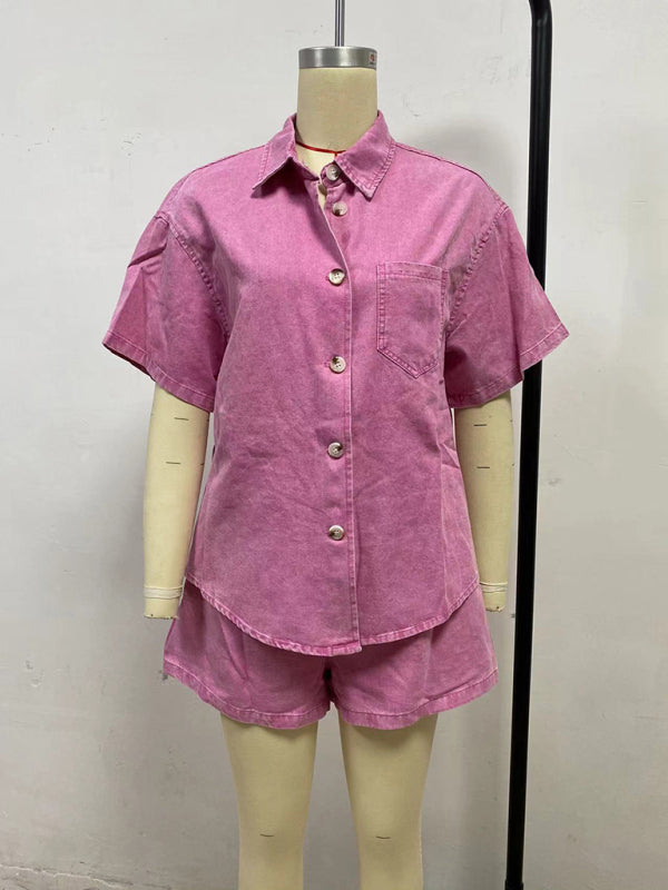 Casual loose short-sleeved shirt and denim shorts set