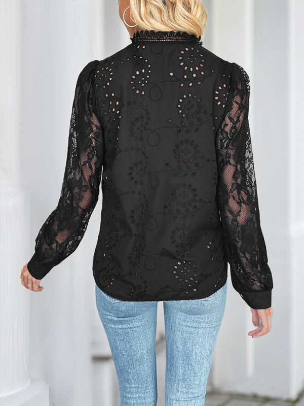 New solid color lace patchwork shirt top-[Adult]-[Female]-2022 Online Blue Zone Planet