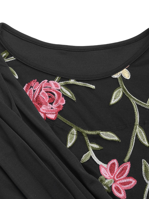 Round Neck Mesh Embroidery Panel Long Sleeve Dress-TOPS / DRESSES-[Adult]-[Female]-2022 Online Blue Zone Planet