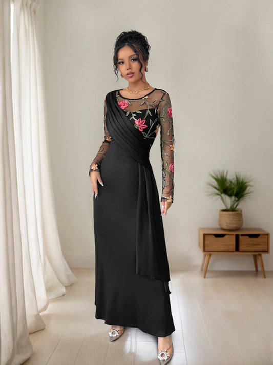Round Neck Mesh Embroidery Panel Long Sleeve Dress-TOPS / DRESSES-[Adult]-[Female]-Black-S-2022 Online Blue Zone Planet