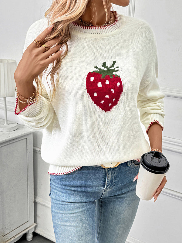 Strawberry Jacquard Sweater Crew Neck Stitched Pullover-[Adult]-[Female]-2022 Online Blue Zone Planet