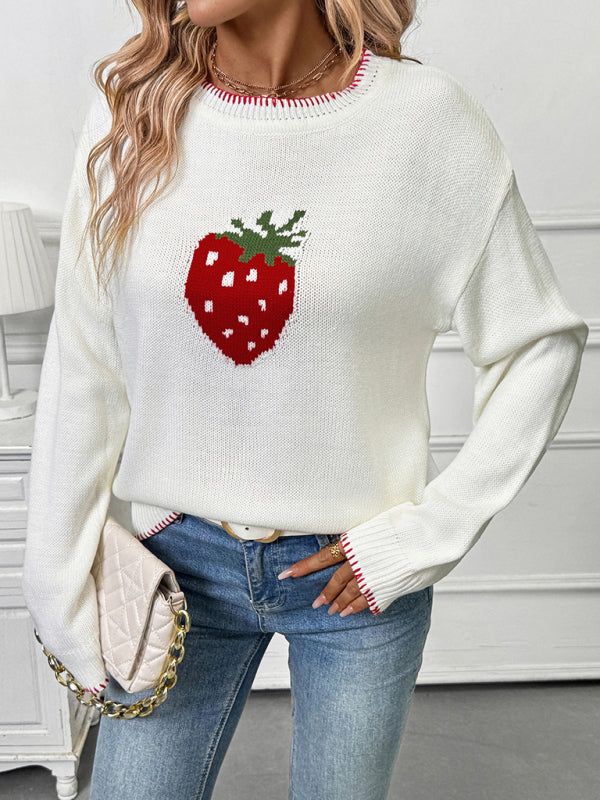 Strawberry Jacquard Sweater Crew Neck Stitched Pullover-[Adult]-[Female]-Cream-S-2022 Online Blue Zone Planet