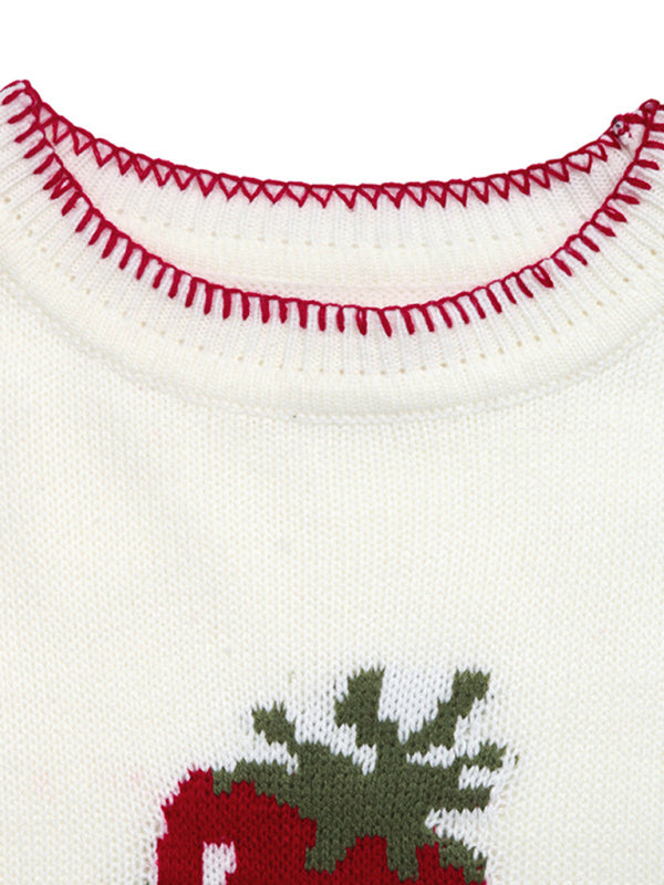 Strawberry Jacquard Sweater Crew Neck Stitched Pullover-[Adult]-[Female]-2022 Online Blue Zone Planet