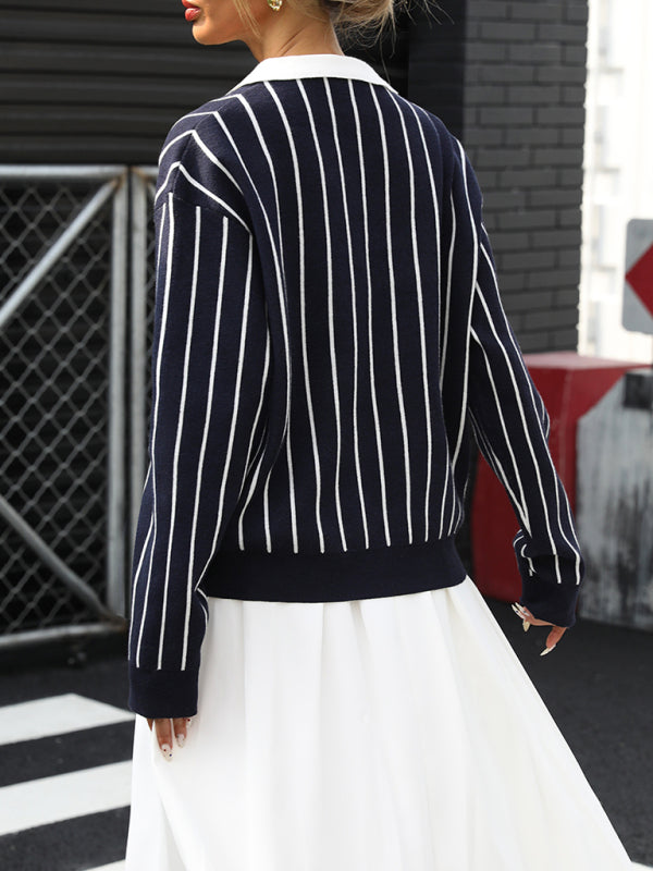 College Casual Street Fashion Style Lapel Striped Sweater for Women-[Adult]-[Female]-2022 Online Blue Zone Planet