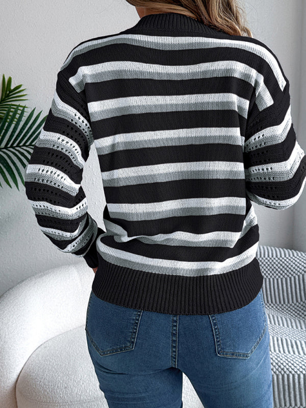 Casual hollow color block striped lantern long sleeve pullover sweater-[Adult]-[Female]-2022 Online Blue Zone Planet