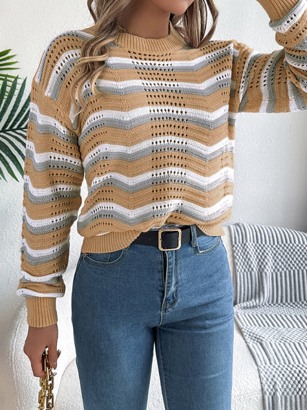 Casual hollow color block striped lantern long sleeve pullover sweater-[Adult]-[Female]-2022 Online Blue Zone Planet