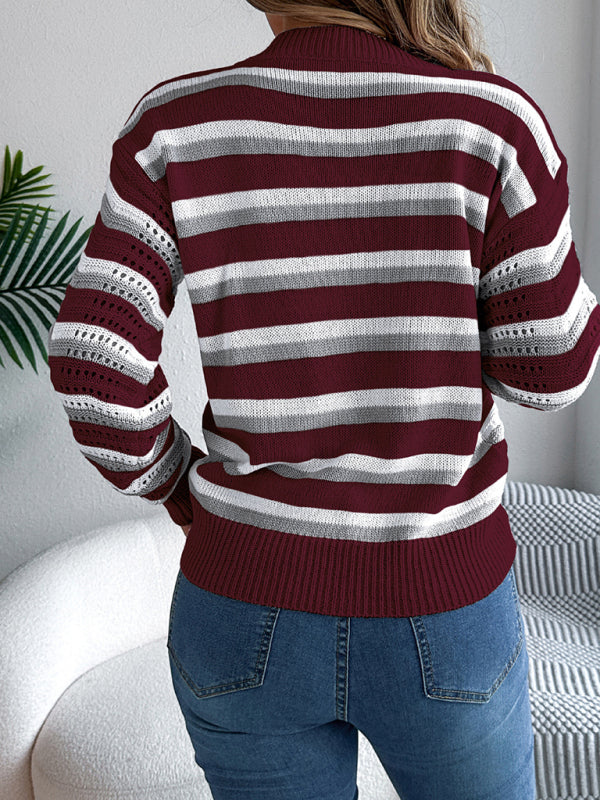 Casual hollow color block striped lantern long sleeve pullover sweater-[Adult]-[Female]-2022 Online Blue Zone Planet