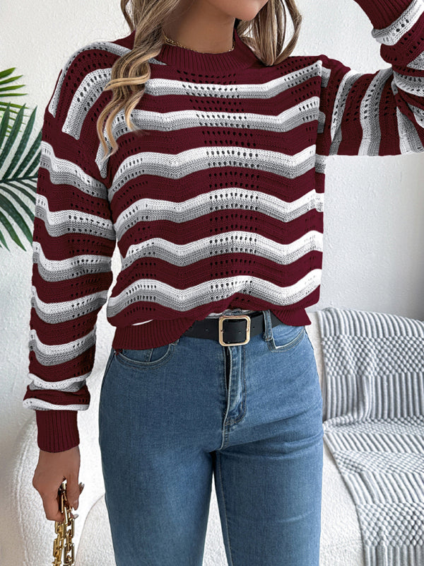 Casual hollow color block striped lantern long sleeve pullover sweater-[Adult]-[Female]-2022 Online Blue Zone Planet