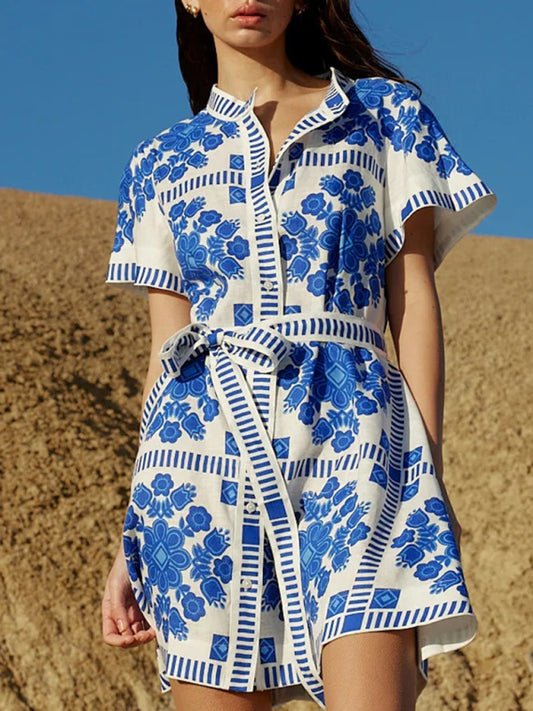 Casual women's fashion print tie dress-[Adult]-[Female]-Blue-S-2022 Online Blue Zone Planet