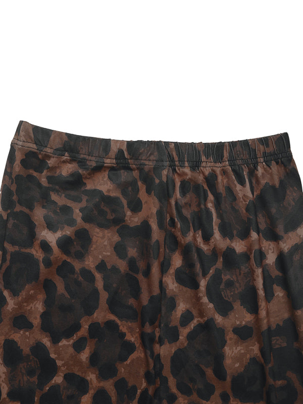 Women's round neck sexy hip-wrapped two-piece suit long sleeve leopard print slim fit slit sett-[Adult]-[Female]-2022 Online Blue Zone Planet