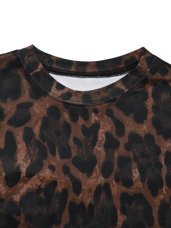 Women's round neck sexy hip-wrapped two-piece suit long sleeve leopard print slim fit slit sett-[Adult]-[Female]-2022 Online Blue Zone Planet