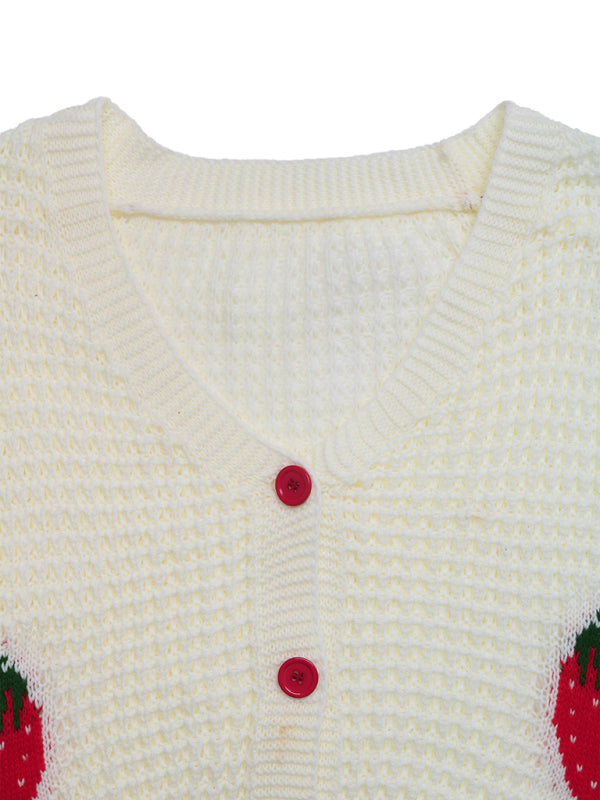 New Casual Cardigan Strawberry Jacquard Knitted Sweater-[Adult]-[Female]-2022 Online Blue Zone Planet