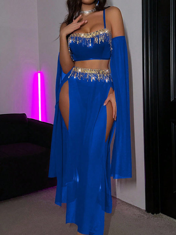 Sexy Tassel Pole Dance Fun Suit Belly Dance Sequin Lace Hot Set-[Adult]-[Female]-Blue-S-2022 Online Blue Zone Planet