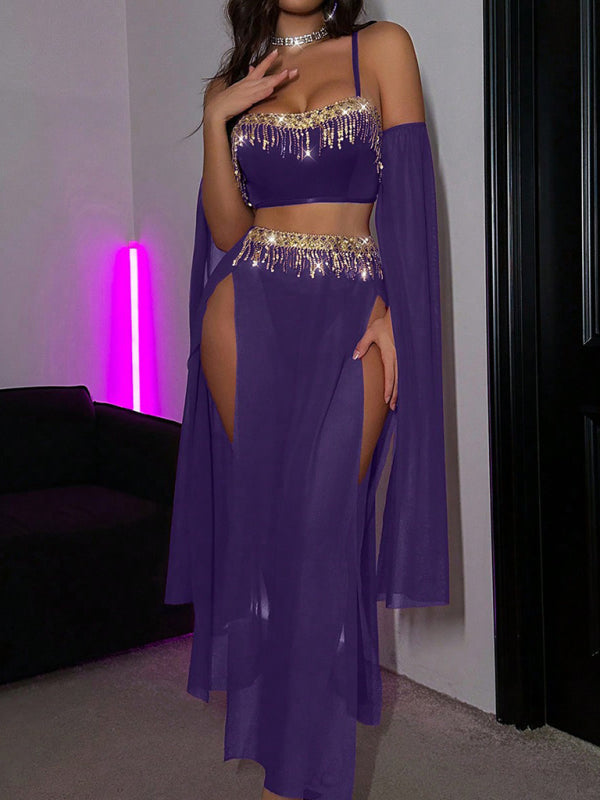 Sexy Tassel Pole Dance Fun Suit Belly Dance Sequin Lace Hot Set-[Adult]-[Female]-Purple-S-2022 Online Blue Zone Planet