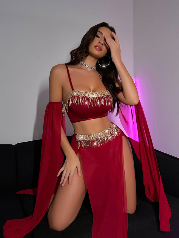 Sexy Tassel Pole Dance Fun Suit Belly Dance Sequin Lace Hot Set-[Adult]-[Female]-Wine Red-S-2022 Online Blue Zone Planet
