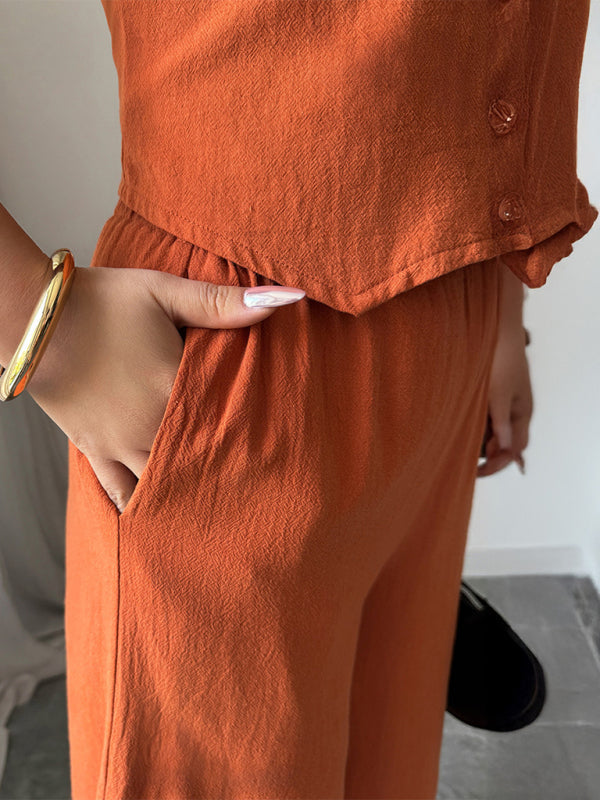 Simple sleeveless vest wide-leg trousers two-piece set-[Adult]-[Female]-2022 Online Blue Zone Planet