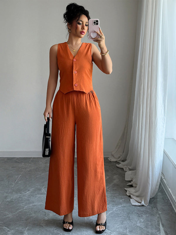 Simple sleeveless vest wide-leg trousers two-piece set-[Adult]-[Female]-Orange-S-2022 Online Blue Zone Planet