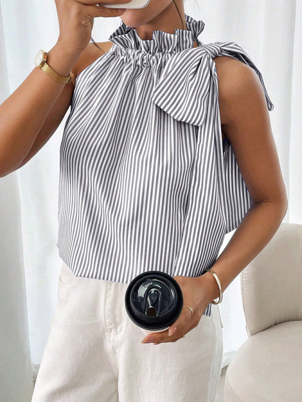 Fashionable And Casual Sleeveless Striped High-Neck Tie-Knot Shirt-[Adult]-[Female]-Black-S-2022 Online Blue Zone Planet