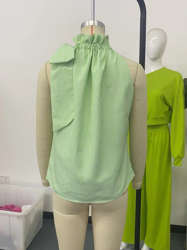 Fashionable And Casual Sleeveless Striped High-Neck Tie-Knot Shirt-[Adult]-[Female]-2022 Online Blue Zone Planet