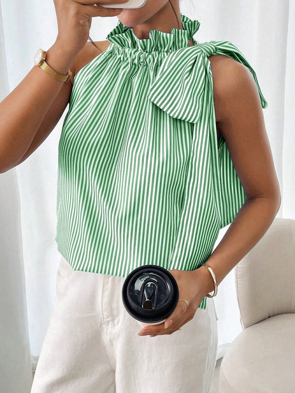 Fashionable And Casual Sleeveless Striped High-Neck Tie-Knot Shirt-[Adult]-[Female]-Pale green-S-2022 Online Blue Zone Planet