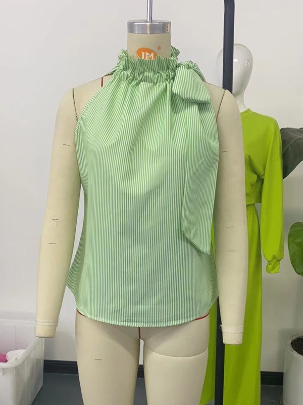 Fashionable And Casual Sleeveless Striped High-Neck Tie-Knot Shirt-[Adult]-[Female]-2022 Online Blue Zone Planet