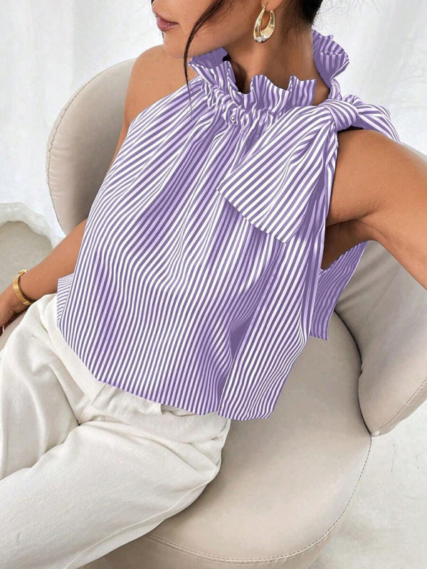 Fashionable And Casual Sleeveless Striped High-Neck Tie-Knot Shirt-[Adult]-[Female]-Purple-S-2022 Online Blue Zone Planet