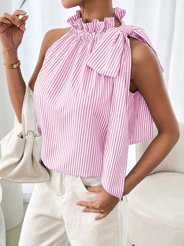Fashionable And Casual Sleeveless Striped High-Neck Tie-Knot Shirt-[Adult]-[Female]-2022 Online Blue Zone Planet