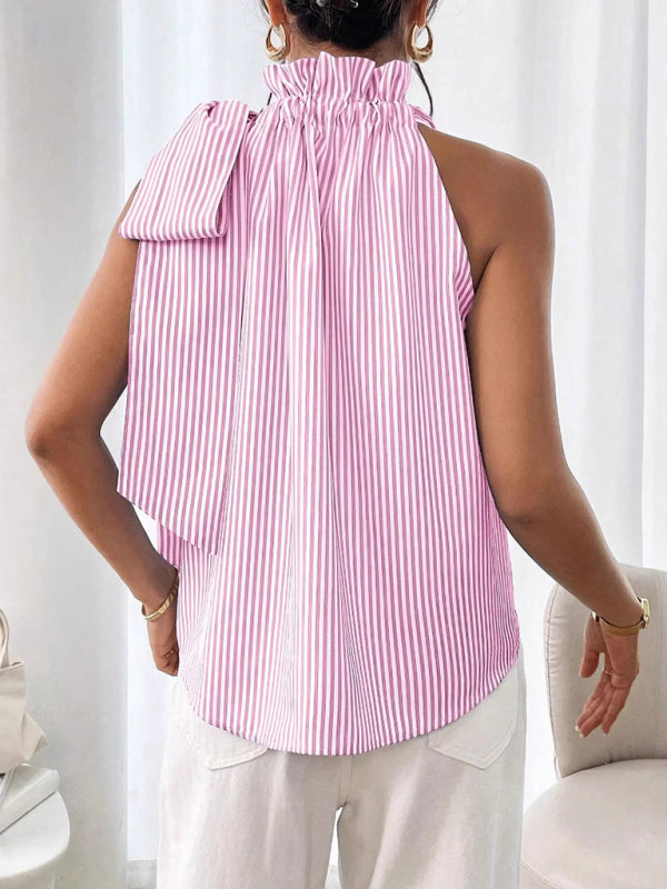 Fashionable And Casual Sleeveless Striped High-Neck Tie-Knot Shirt-[Adult]-[Female]-2022 Online Blue Zone Planet