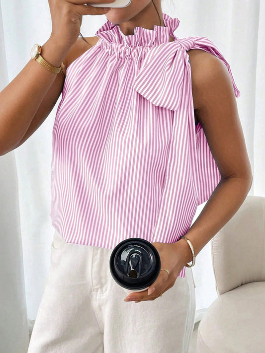Fashionable And Casual Sleeveless Striped High-Neck Tie-Knot Shirt-[Adult]-[Female]-Pink-S-2022 Online Blue Zone Planet
