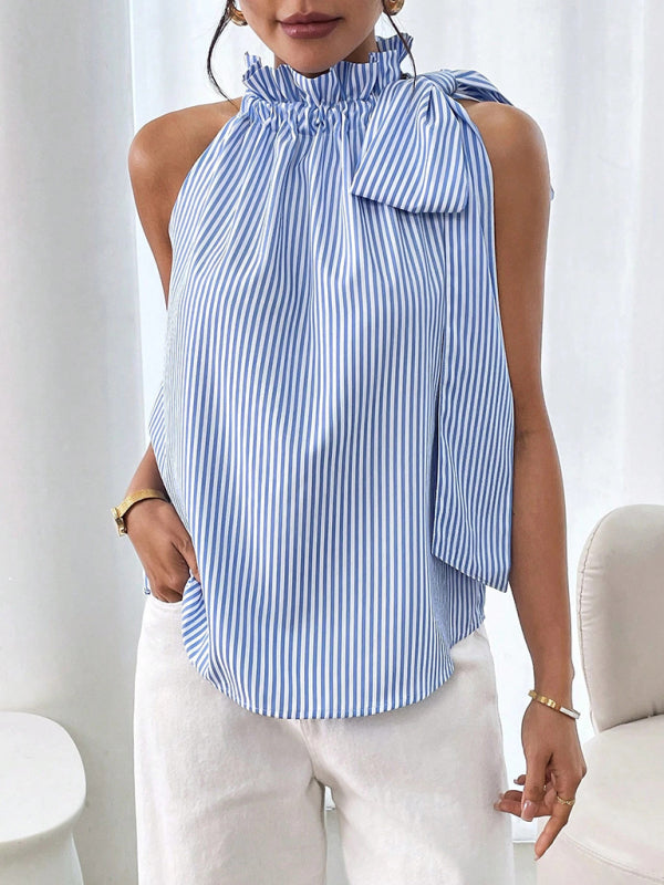 Fashionable And Casual Sleeveless Striped High-Neck Tie-Knot Shirt-[Adult]-[Female]-2022 Online Blue Zone Planet
