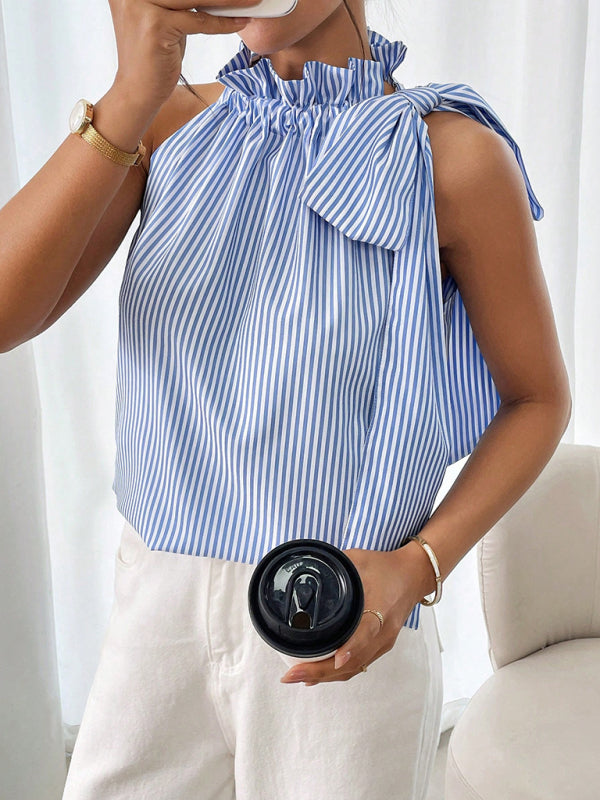 Fashionable And Casual Sleeveless Striped High-Neck Tie-Knot Shirt-[Adult]-[Female]-2022 Online Blue Zone Planet