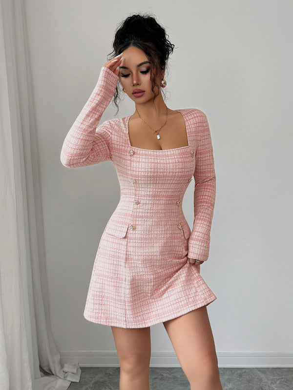 Fashionable plaid long sleeve skirt dress-TOPS / DRESSES-[Adult]-[Female]-2022 Online Blue Zone Planet