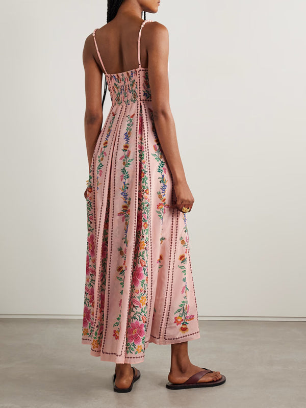 Tina's Beaded Strappy Floral Midi Dress Pink / L