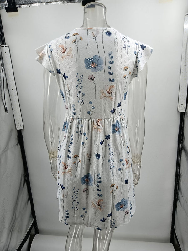 Casual Printed V-Neck Lace Stretch Lace Short Dress-TOPS / DRESSES-[Adult]-[Female]-2022 Online Blue Zone Planet