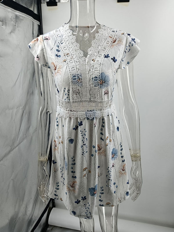 Casual Printed V-Neck Lace Stretch Lace Short Dress-TOPS / DRESSES-[Adult]-[Female]-2022 Online Blue Zone Planet