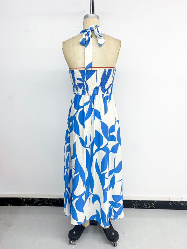 Plant print skirt seaside holiday style halter neck slit dress-TOPS / DRESSES-[Adult]-[Female]-2022 Online Blue Zone Planet