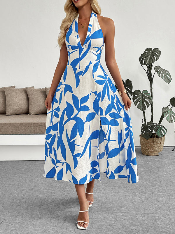 Plant print skirt seaside holiday style halter neck slit dress Blue / L by Blue Zone Planet