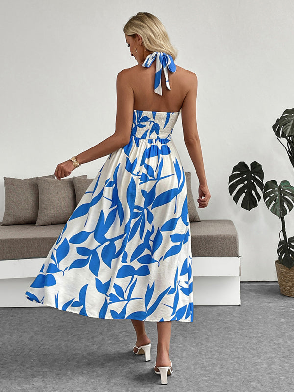 Plant print skirt seaside holiday style halter neck slit dress-TOPS / DRESSES-[Adult]-[Female]-2022 Online Blue Zone Planet