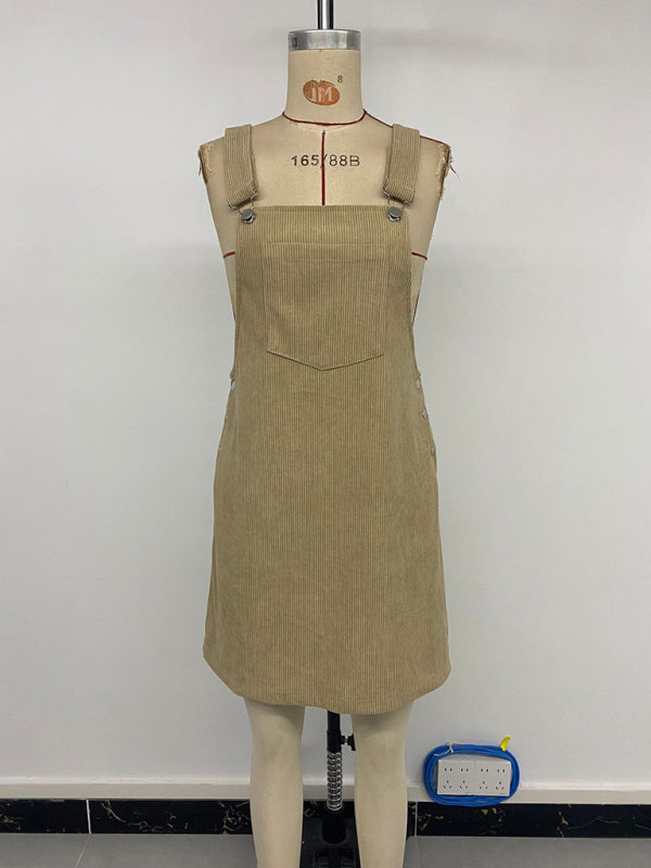 New style pocket suspender corduroy dress solid color casual suspender dress-TOPS / DRESSES-[Adult]-[Female]-2022 Online Blue Zone Planet