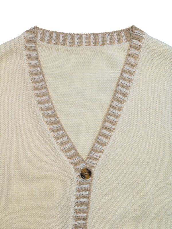 Contrast Color Sleeveless Cardigan Knitted Vest-[Adult]-[Female]-2022 Online Blue Zone Planet