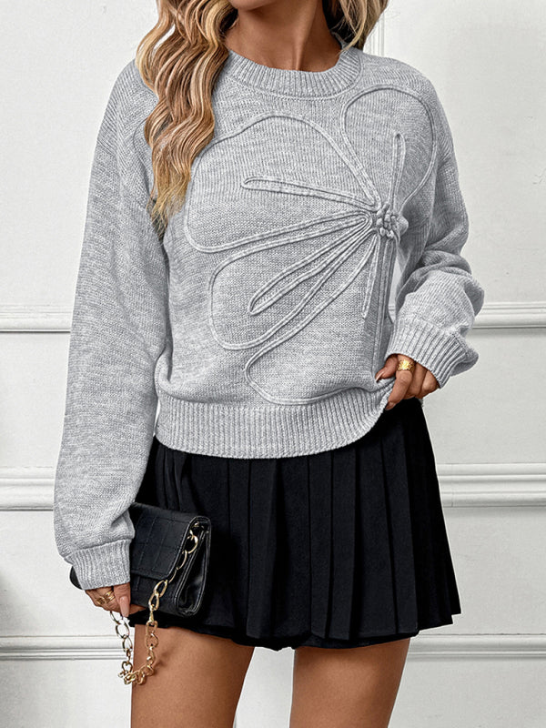 Solid color simple three-dimensional flower round neck pullover sweater-TOPS / DRESSES-[Adult]-[Female]-2022 Online Blue Zone Planet