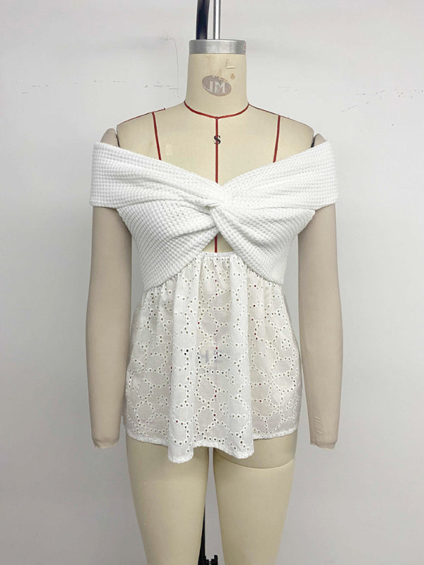 Casual Holiday Simple Off-Shoulder Babydoll Top-[Adult]-[Female]-2022 Online Blue Zone Planet