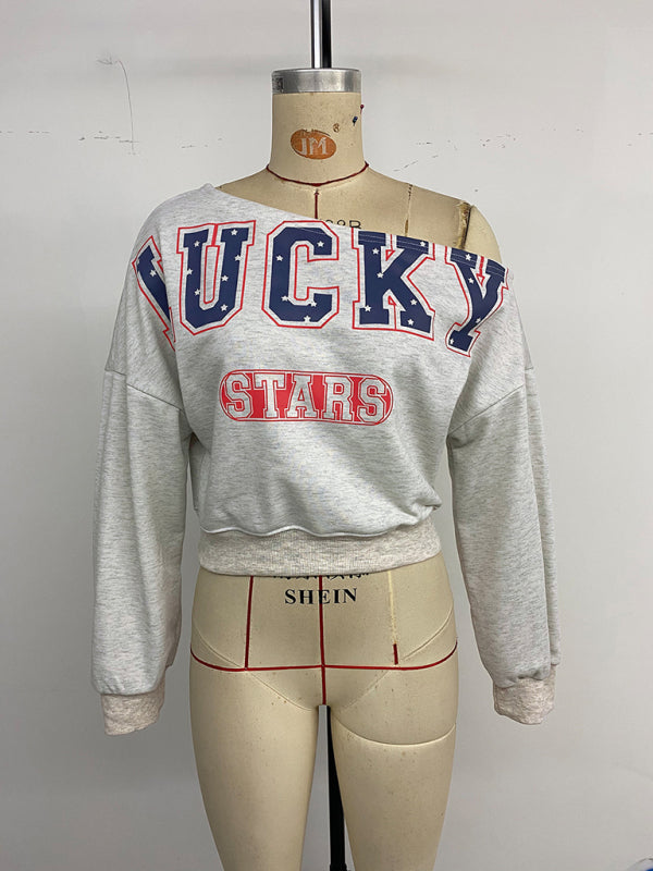 Letter Printed Hot Girl Slant Collar Cropped Navel-Exposed Sweatshirt-[Adult]-[Female]-2022 Online Blue Zone Planet